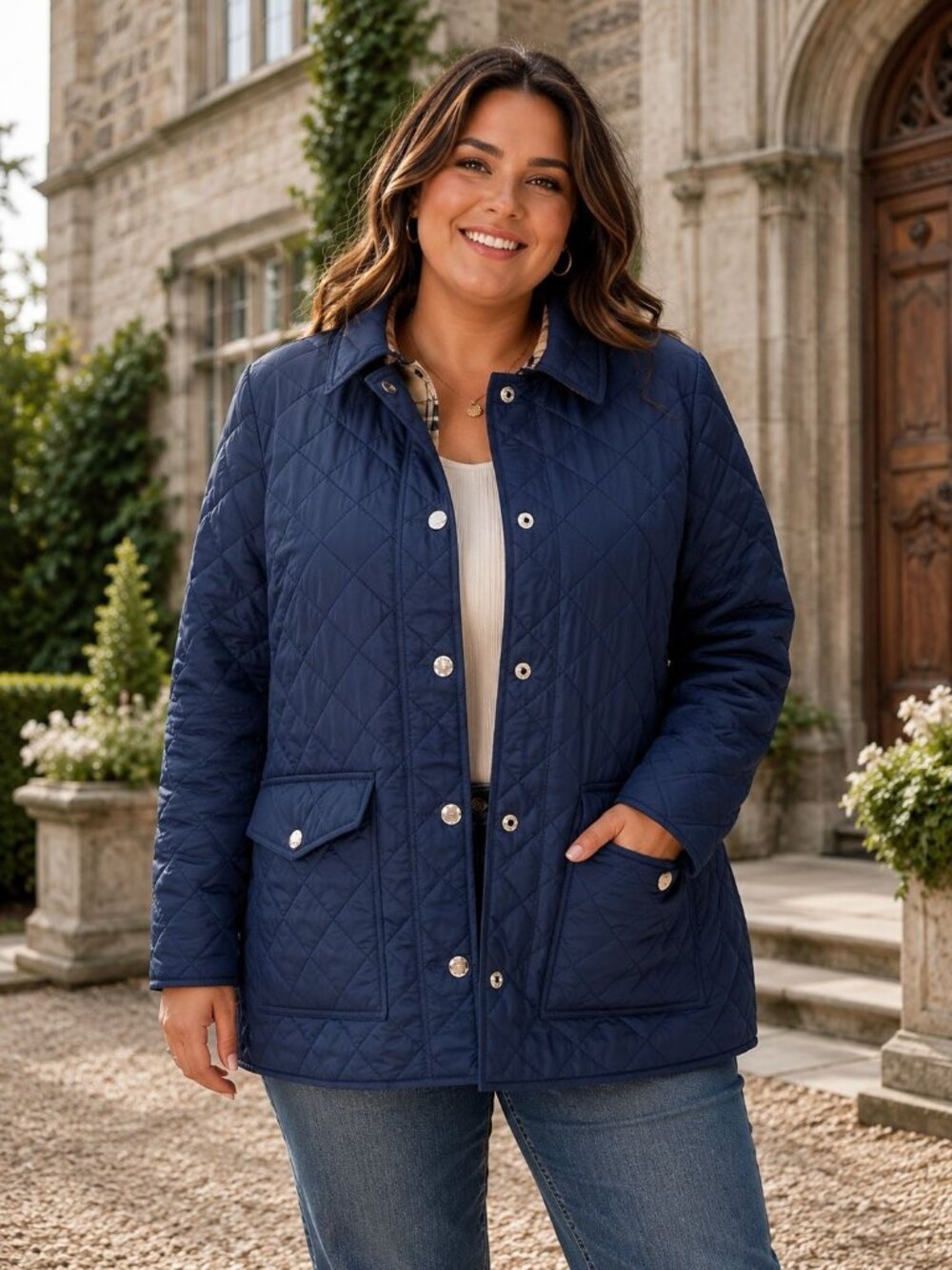Burberry Navy Quilted Jacket XXL Plaid Lining Gold-Tone Buttons Picture Details